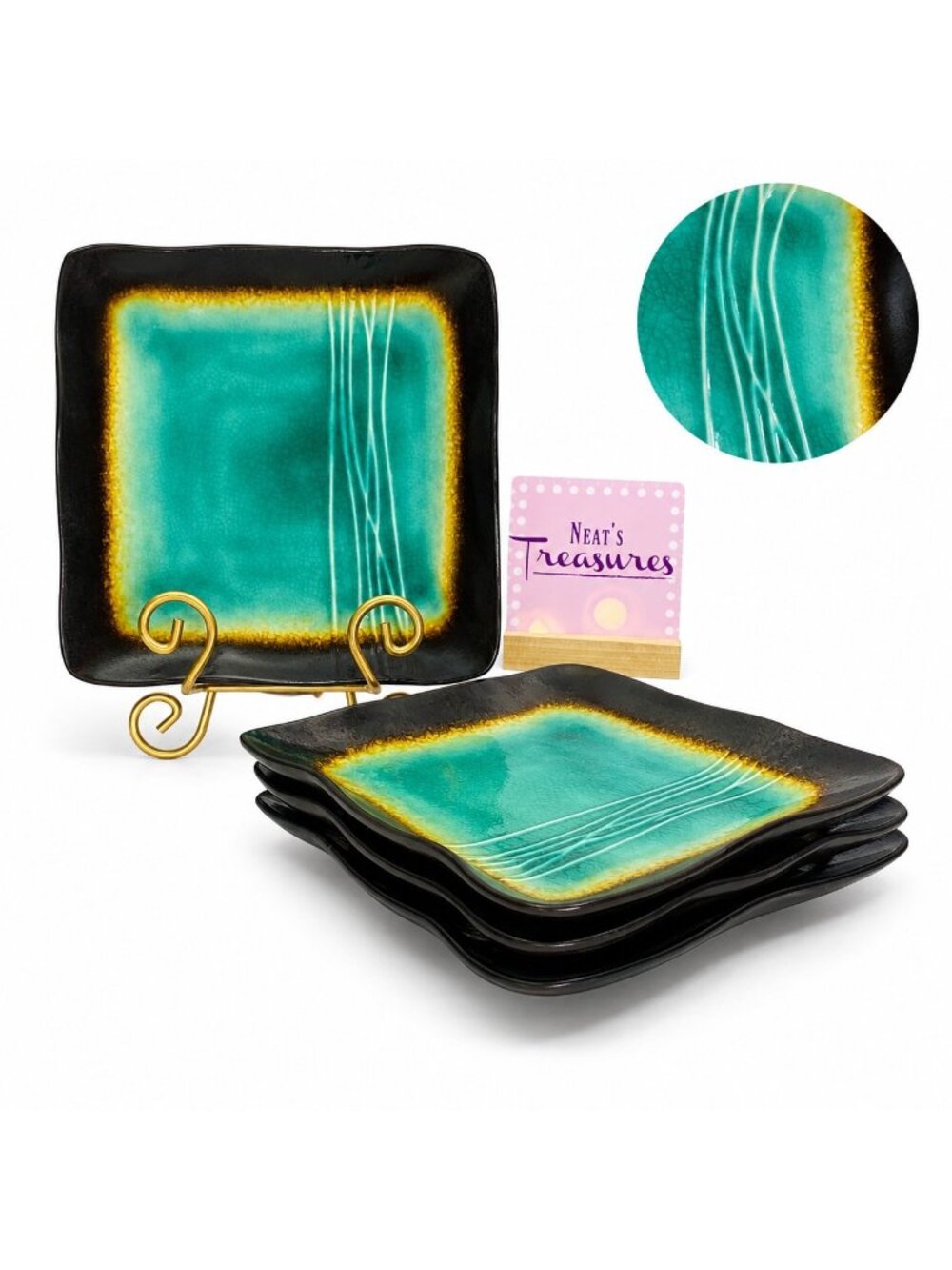 Baum Brothers GALAXY JADE Square Brown Trim Green Wavy Lunch Salad Plate Set 4